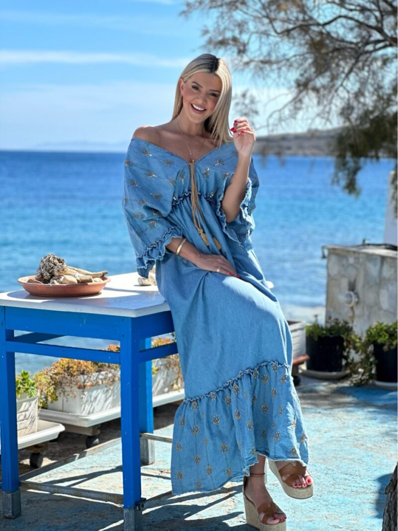 φορεμα boho μπλε με κεντηματα