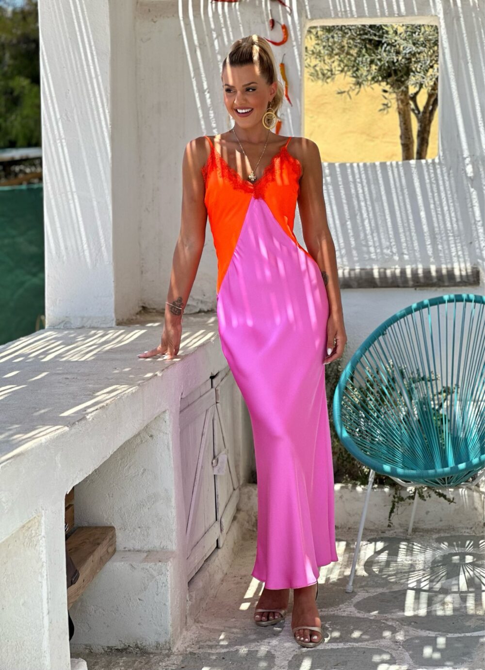 φορεμα lingerie φουξια με πορτοκαλι σατεν