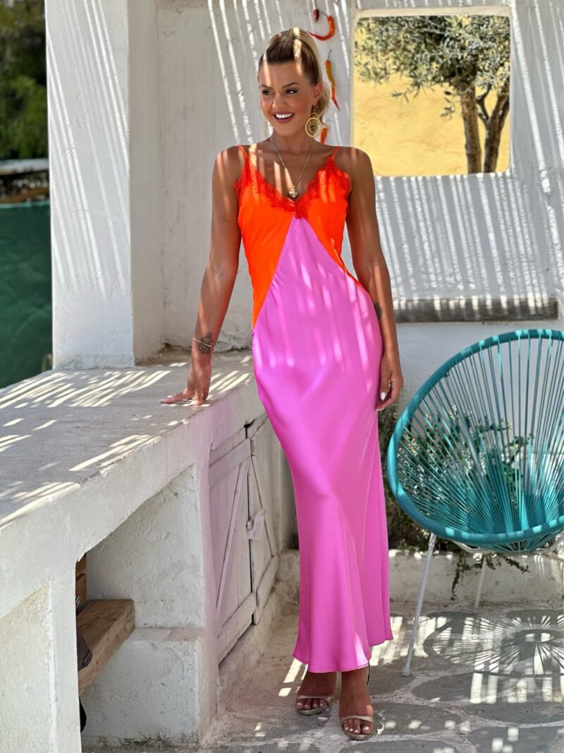 φορεμα lingerie φουξια με πορτοκαλι σατεν
